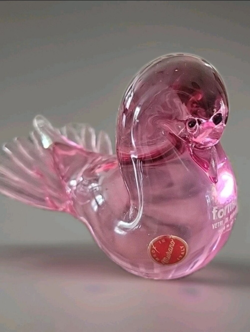 Murano Formia Mauve/Pink Glass Bird Dove Art Figurine Italy With sticker (1960s)